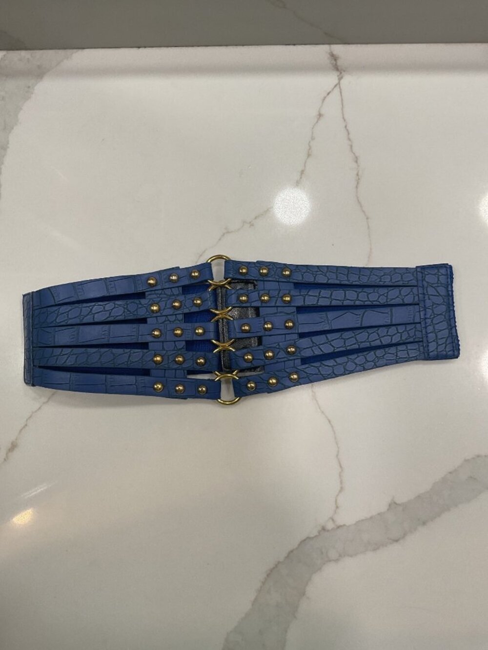 Unbranded Blue Corset Belt Snap Closure Gold Colored Hardware Size 29" Stretchy